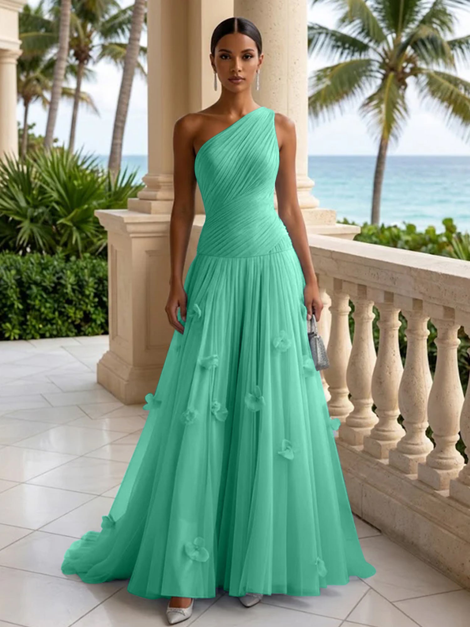 Light Blue Evening Dress with 3D Flower One Shoulder Pleat Maxi Dress