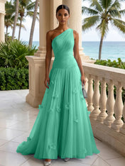 Light Blue Evening Dress with 3D Flower One Shoulder Pleat Maxi Dress