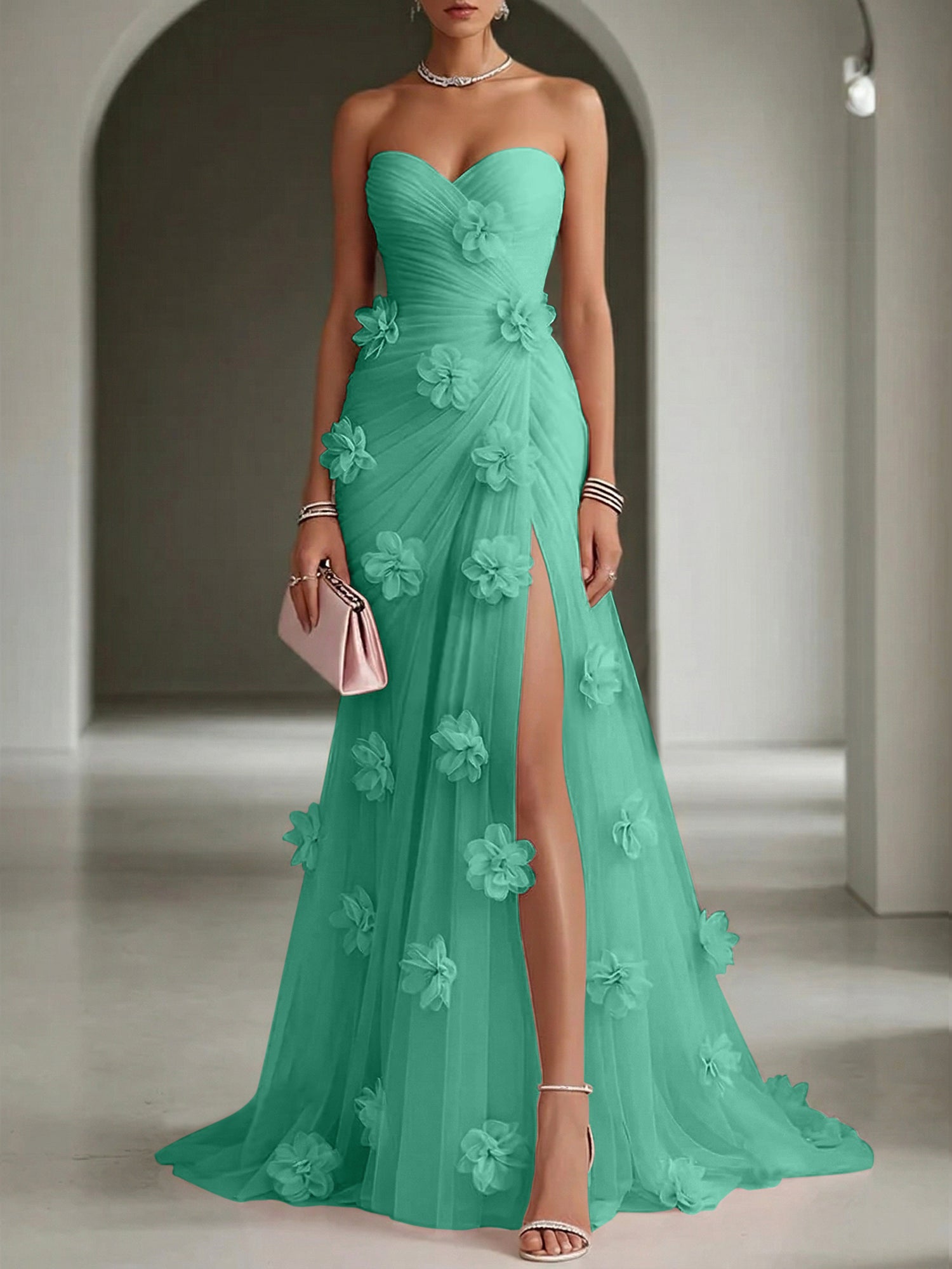 Ethereal Blush Slit 3D Floral Strapless Tulle Gown Dress