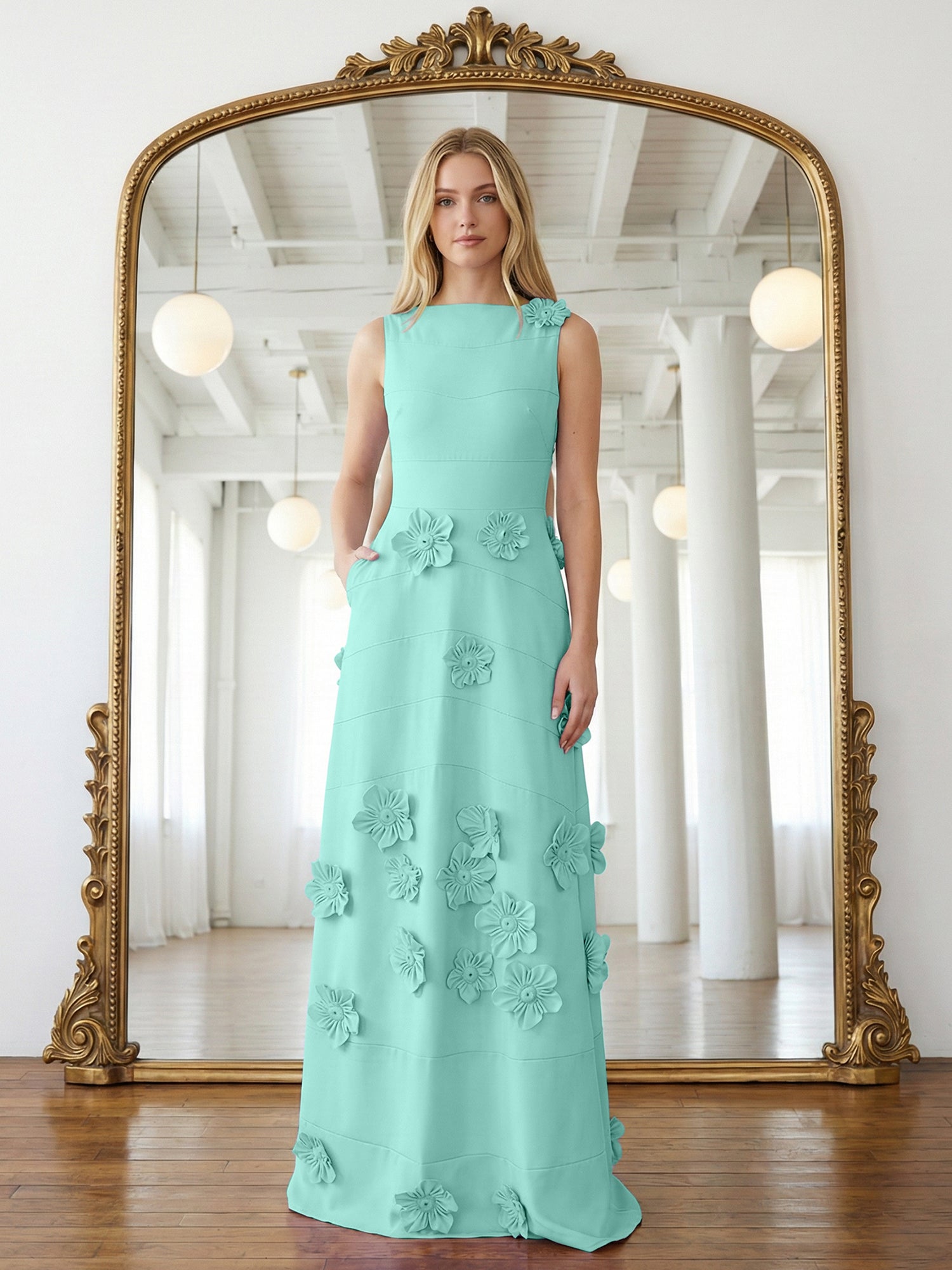 Lavender Boat Neck Formal Gown with Cascading 3D Flowers