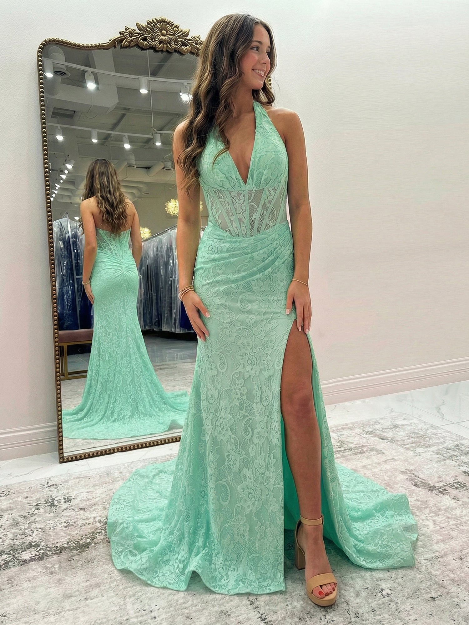 Black Mermaid Lace Halter Long Prom Dress with Slit