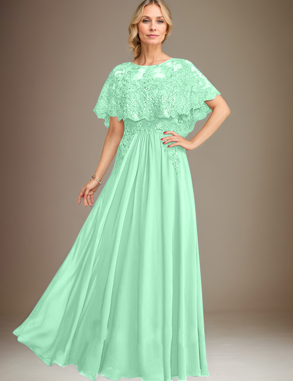 A-line Boat Neck Floor-Length Lace Chiffon Mother of the Bride Dress With Applique Sequins