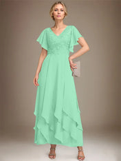 A-line V-Neck Ankle-Length Lace Chiffon Mother of the Bride Dress With Cascading Ruffles