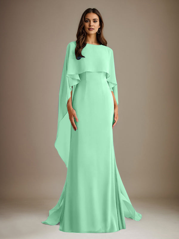 Robe de mère de la mariée en mousseline, coupe fourreau/colonne, col bateau, longueur ras du sol, avec volants en cascade 