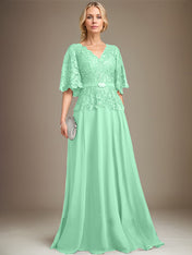 A-line V-Neck Floor-Length Chiffon Lace Mother of the Bride Dress With Crystal Brooch Rhinestone