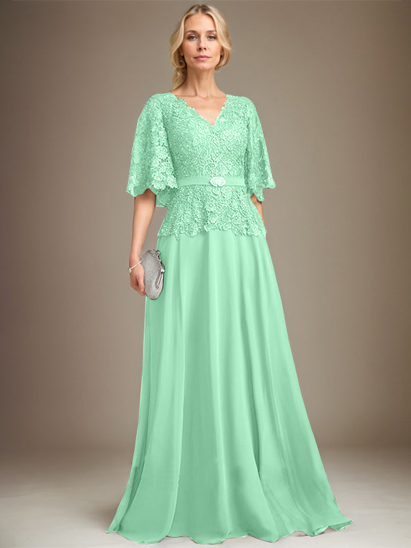 A-line V-Neck Floor-Length Chiffon Lace Mother of the Bride Dress With Crystal Brooch Rhinestone