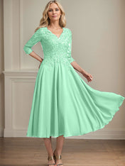 A-line V-Neck Tea-Length Chiffon Lace Mother of the Bride Dress With Beading Sequins