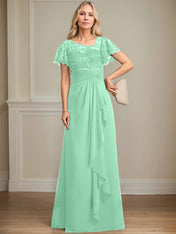 A-line Asymmetrical Illusion Floor-Length Lace Chiffon Mother of the Bride Dress With Cascading Ruffles Sequins