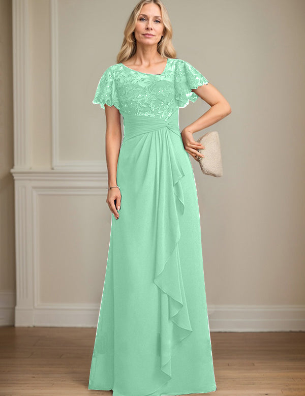 A-line Asymmetrical Illusion Floor-Length Lace Chiffon Mother of the Bride Dress With Cascading Ruffles Sequins