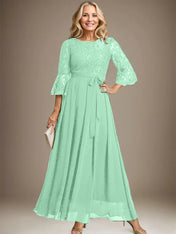 A-line Scoop Ankle-Length Lace Chiffon Mother of the Bride Dress With Bow