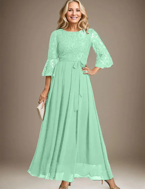 A-line Scoop Ankle-Length Lace Chiffon Mother of the Bride Dress With Bow