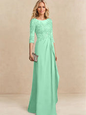 A-line Scoop Illusion Floor-Length Chiffon Lace Mother of the Bride Dress With Beading Sequins Cascading Ruffles