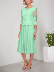 A-line Scoop Tea-Length Lace Chiffon Mother of the Bride Dress With Embroidery