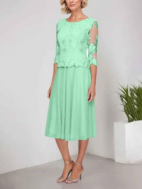 A-line Scoop Tea-Length Lace Chiffon Mother of the Bride Dress With Embroidery