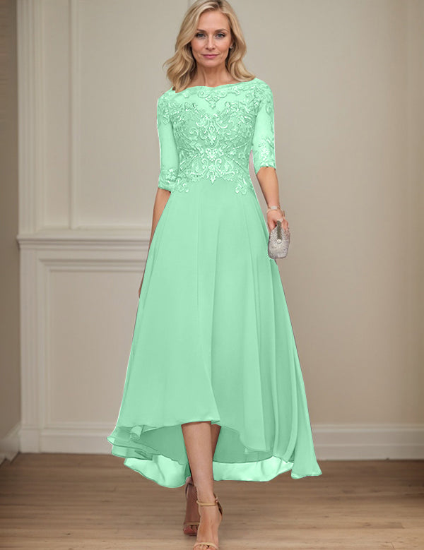 A-line Boat Neck Illusion Asymmetrical Chiffon Lace Mother of the Bride Dress With Sequins Beading