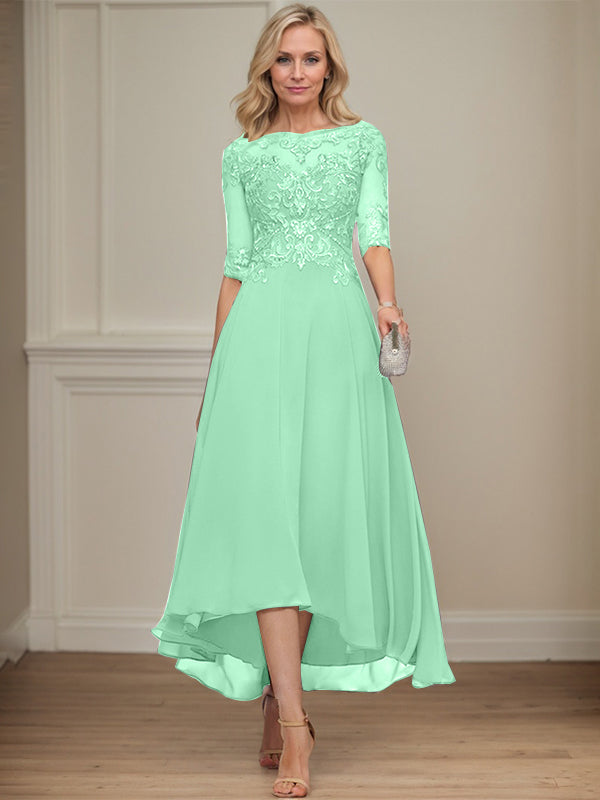 A-line Boat Neck Illusion Asymmetrical Chiffon Lace Mother of the Bride Dress With Sequins Beading