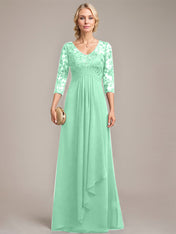 A-line V-Neck Floor-Length Lace Chiffon Mother of the Bride Dress With Cascading Ruffles Sequins