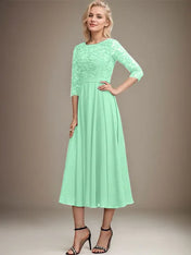 A-line Scoop Tea-Length Lace Chiffon Mother of the Bride Dress With Sequins