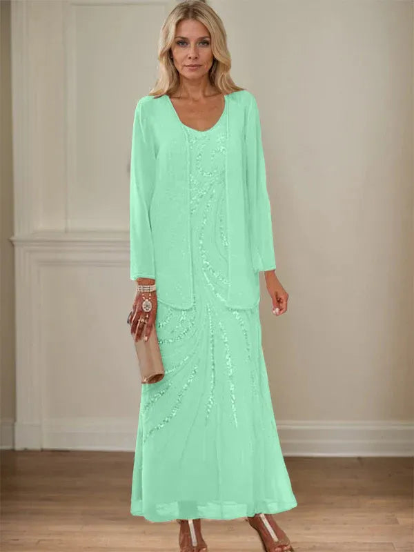 Column V-Neck Ankle-Length Mother of the Bride Dresses with Jacket & Sequins