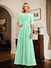 A-line Scoop Illusion Floor-Length Chiffon Lace Mother of the Bride Dress With Pleated Sequins