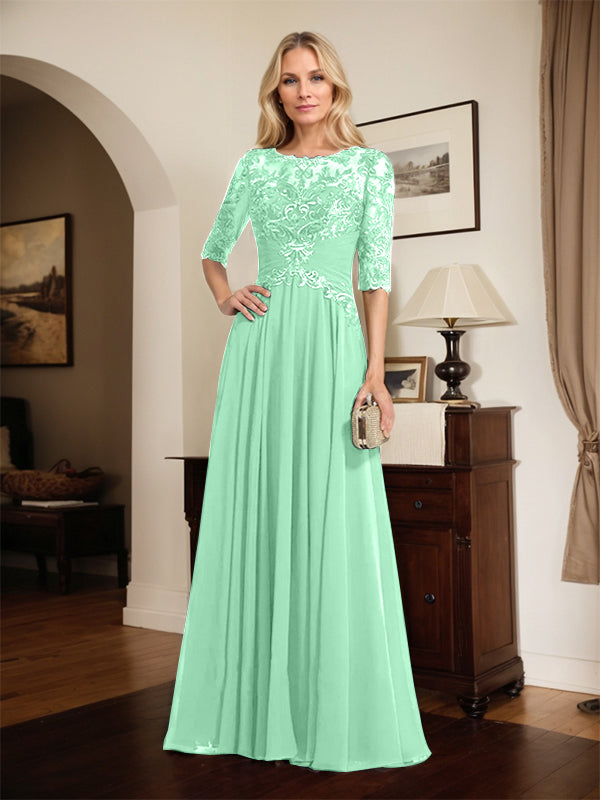 A-line Scoop Illusion Floor-Length Chiffon Lace Mother of the Bride Dress With Pleated Sequins