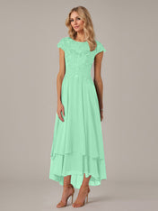 A-line Boat Neck Illusion Asymmetrical Chiffon Lace Mother of the Bride Dress With Applique Pleats
