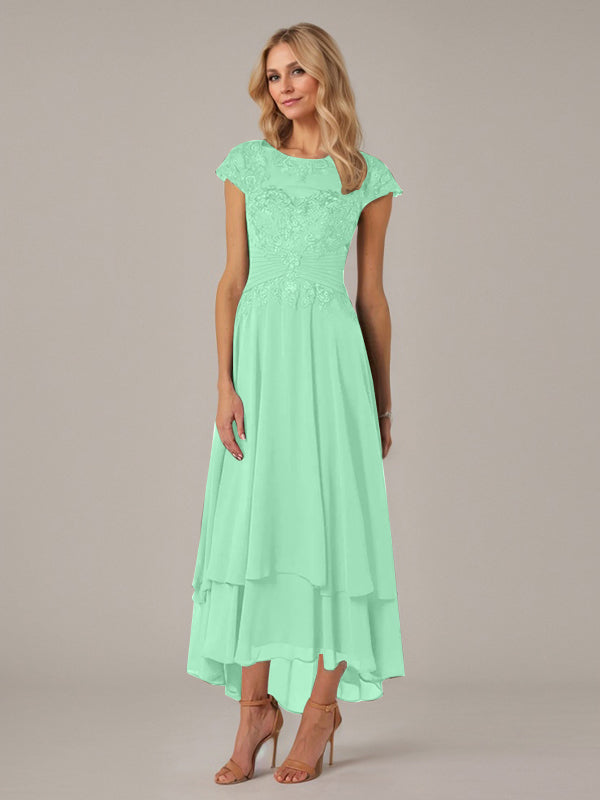 A-line Boat Neck Illusion Asymmetrical Chiffon Lace Mother of the Bride Dress With Applique Pleats