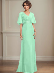 A-line V-Neck Floor-Length Chiffon Mother of the Bride Dress With Pleated Sequins Appliques Lace