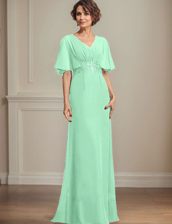 A-line V-Neck Floor-Length Chiffon Mother of the Bride Dress With Pleated Sequins Appliques Lace