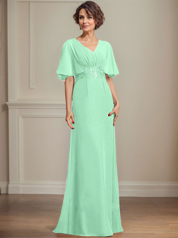 A-line V-Neck Floor-Length Chiffon Mother of the Bride Dress With Pleated Sequins Appliques Lace