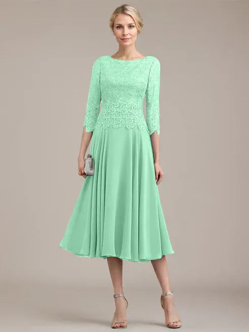 A-line Scoop Tea-Length Lace Chiffon Mother of the Bride Dress