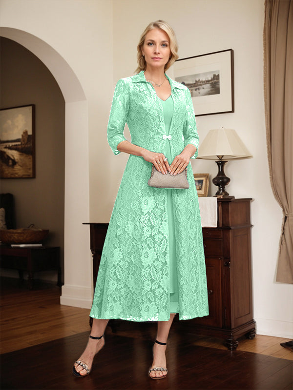 A-line V-Neck Tea-Length Chiffon Mother of the Bride Dress