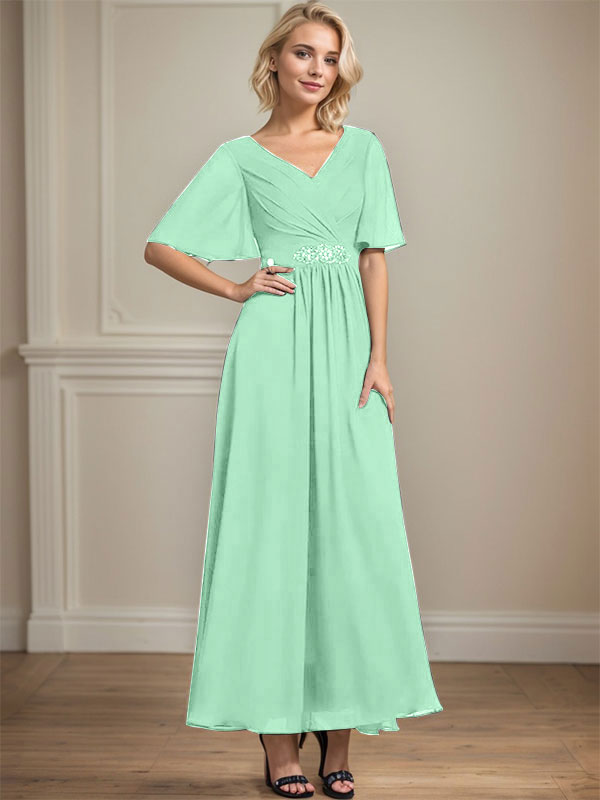 A-line V-Neck Ankle-Length Chiffon Mother of the Bride Dress With Pleated Beading Sequins