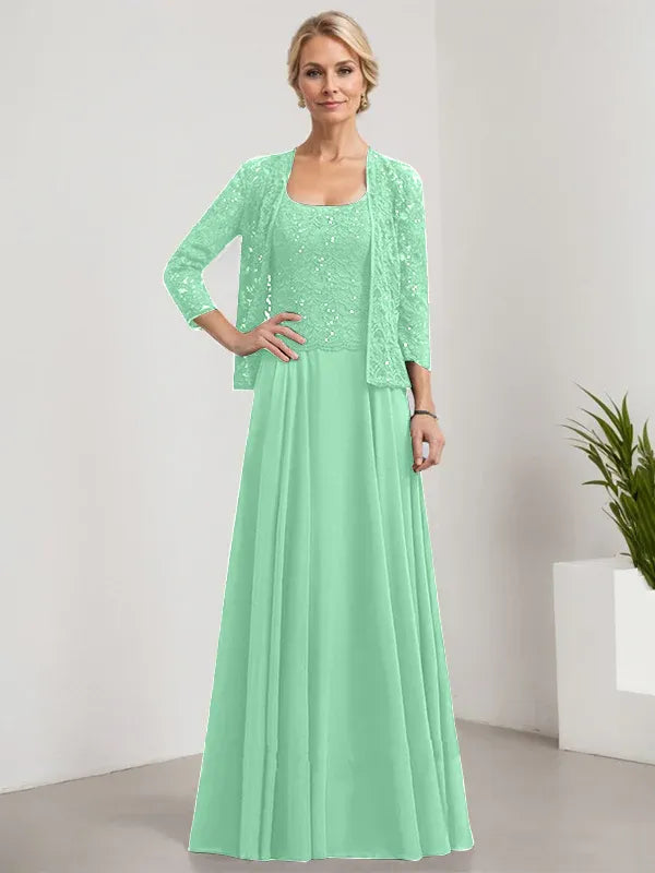 Robe de mère de la mariée trapèze carrée, longueur au sol, en mousseline de soie et dentelle, avec paillettes 
