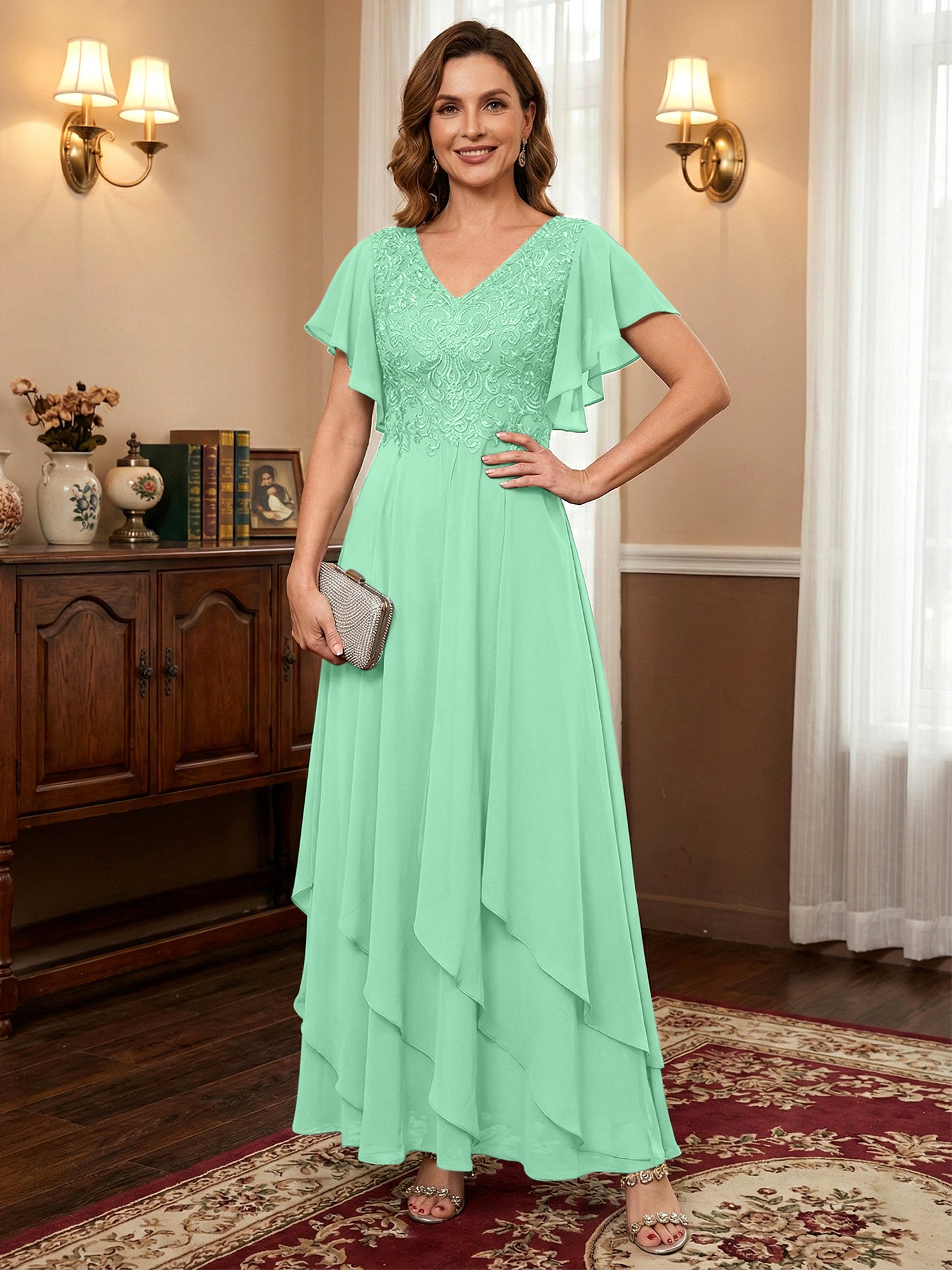 A-line V-Neck Ankle-Length Lace Chiffon Mother of the Bride Dress With Cascading Ruffles