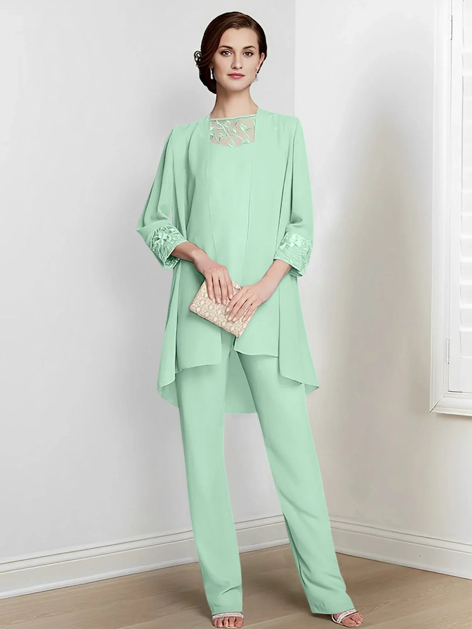 Tailleur-pantalon en mousseline à manches longues pour mère de la mariée avec veste 