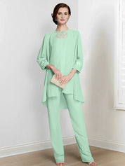 Tailleur-pantalon en mousseline à manches longues pour mère de la mariée avec veste 