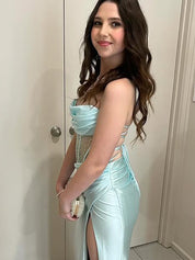 Yellow Mermaid Scoop Neck Satin Long Prom Dress with Slit