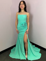 Mint Green Mermaid Strapless Satin Long Prom Dress with Slit