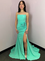 Mint Green Mermaid Strapless Satin Long Prom Dress with Slit