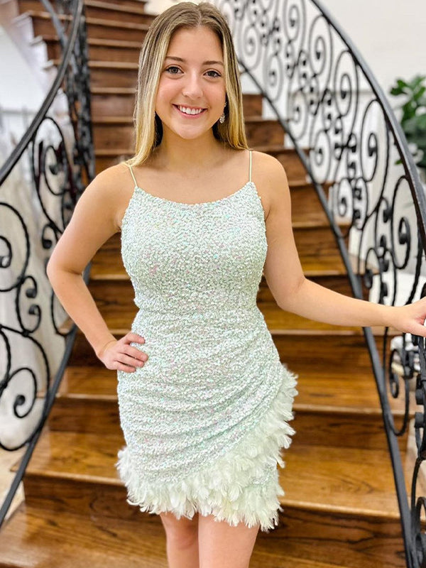 Mint Green Sequin Spaghetti Strap Short Homecoming Dress with Feathers
