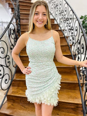 Mint Green Sequin Spaghetti Strap Short Homecoming Dress with Feathers