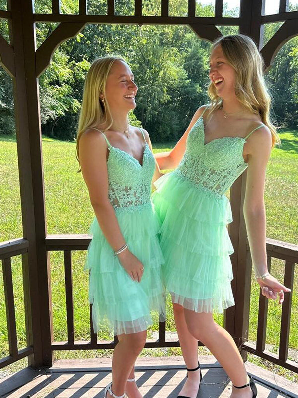Mint Green Spaghetti Straps Appliques Ruffles Short Homecoming Dress