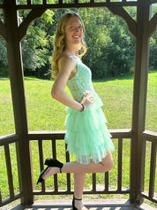 Mint Green Spaghetti Straps Appliques Ruffles Short Homecoming Dress