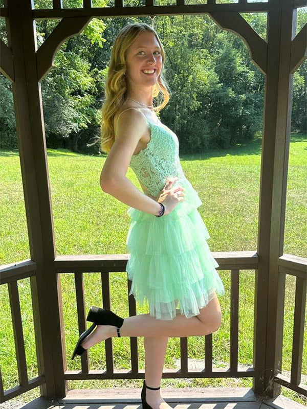 Mint Green Spaghetti Straps Appliques Ruffles Short Homecoming Dress