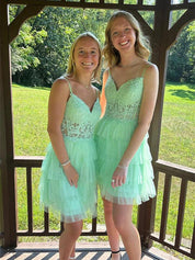 Mint Green Spaghetti Straps Appliques Ruffles Short Homecoming Dress