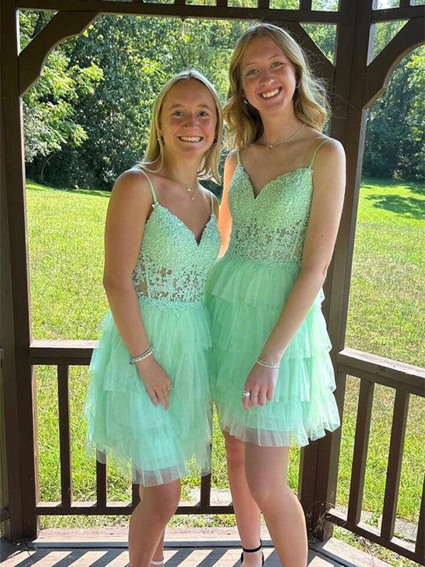 Mint Green Spaghetti Straps Appliques Ruffles Short Homecoming Dress