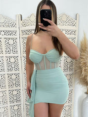 Mint Green Spaghetti Straps Ruched Satin Short Homecoming Dress with Shawl