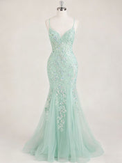 Mint Green V-Neck Mermaid Prom Dress with Floral Sequin Appliqué