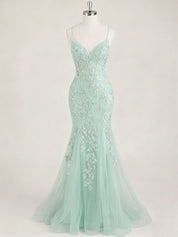 Mint Green V-Neck Mermaid Prom Dress with Floral Sequin Appliqué